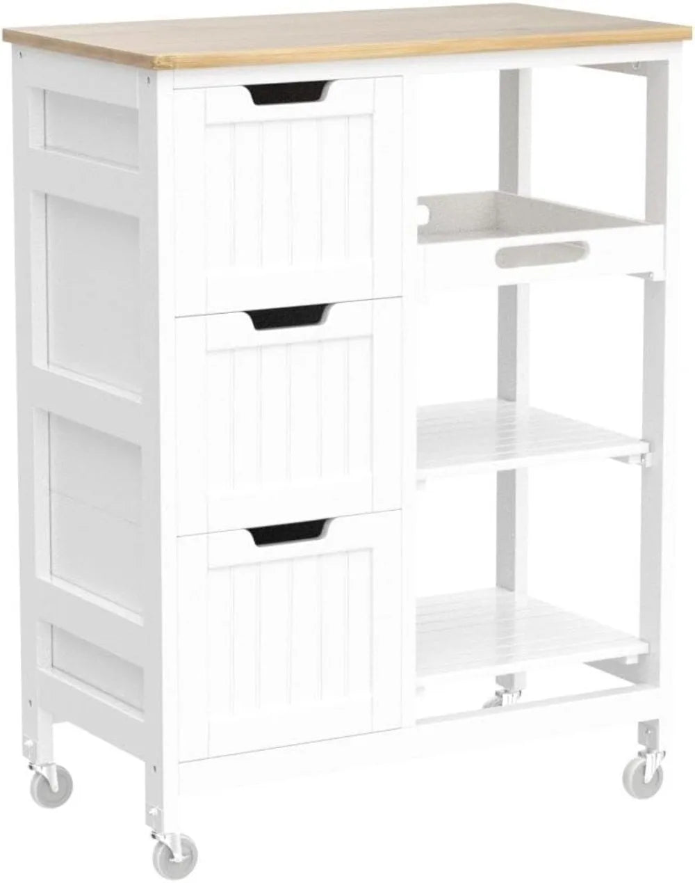 Kitchen Island Rolling Storage Cart with Bamboo Countertop, 3 Drawers, 3 Removable Shelves & Lockable Casters