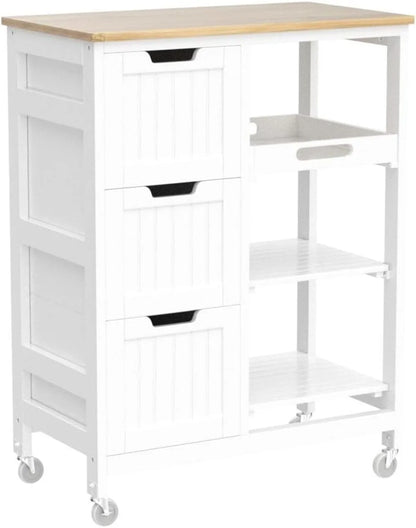 Kitchen Island Rolling Storage Cart with Bamboo Countertop, 3 Drawers, 3 Removable Shelves & Lockable Casters