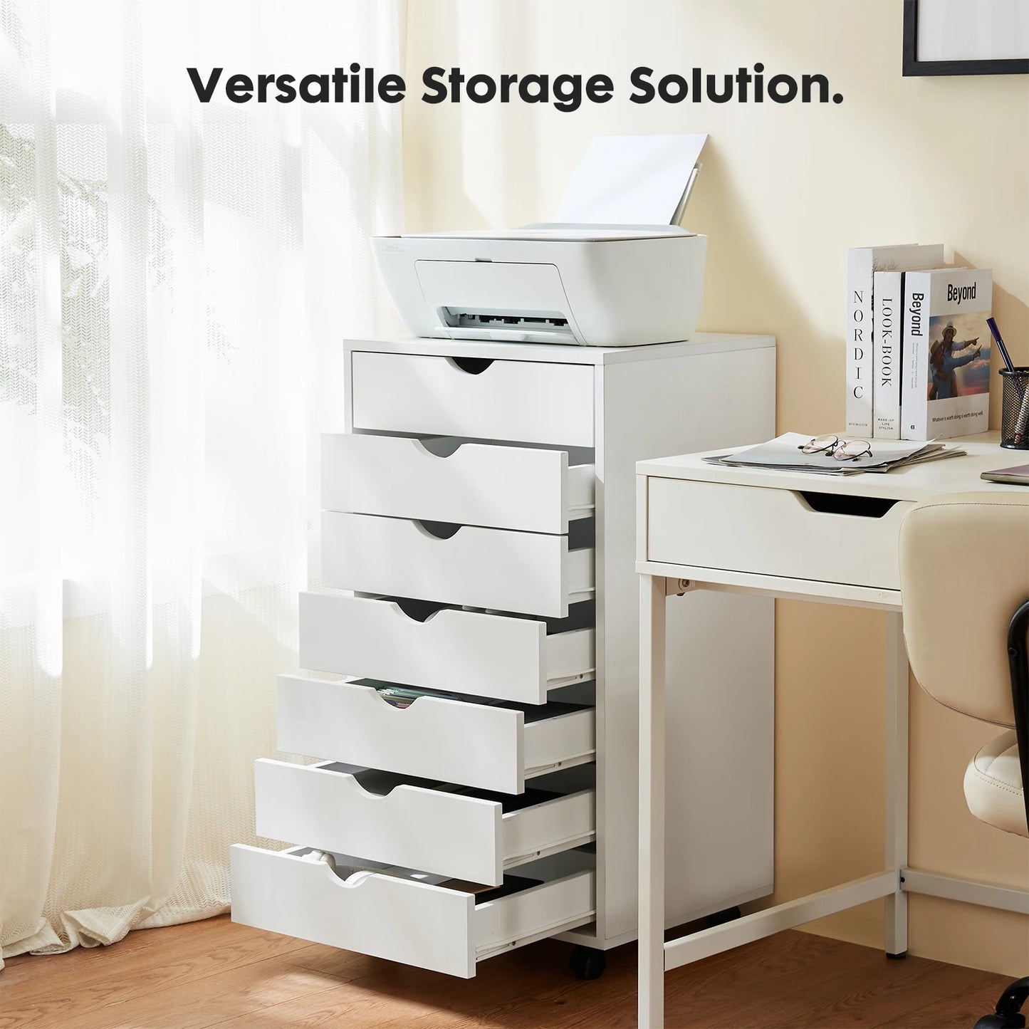 7 Drawer, Wooden Organizer Chest, Storage Mobile Cabinet on Wheels