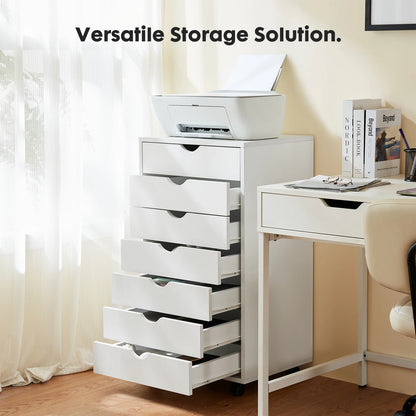 7 Drawer, Wooden Organizer Chest, Storage Mobile Cabinet on Wheels
