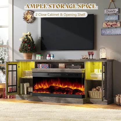 75in 3-Sided Glass Fireplace TV Stand with LED Lights for TVs up to 85"