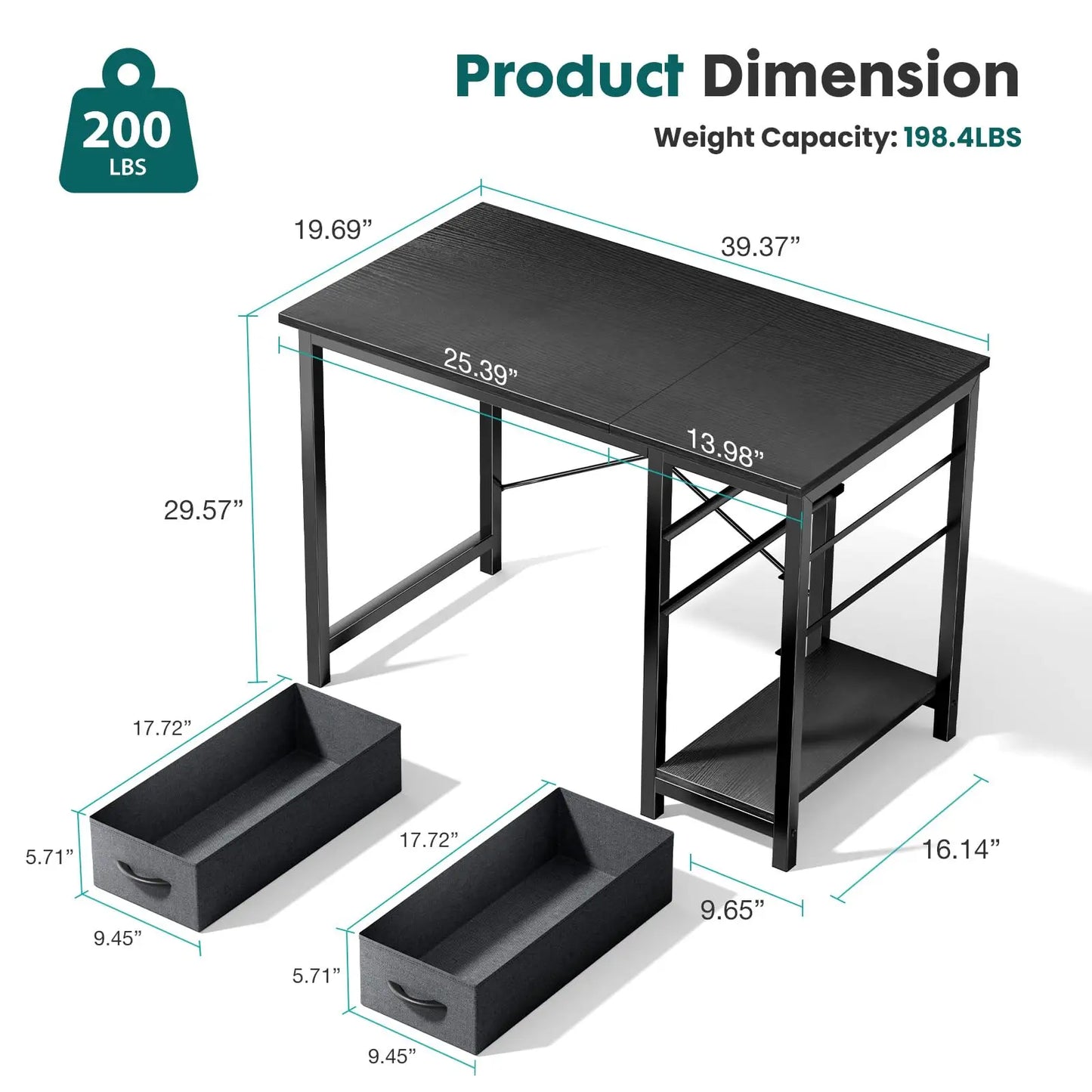 47IN Modern Computer Desk with 2 Drawers For Study, Office, Gaming room