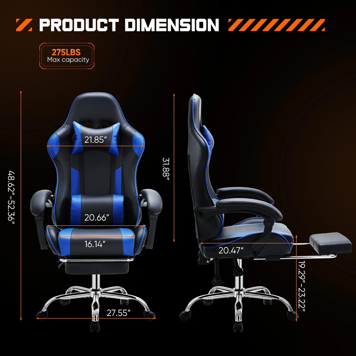 PU Leather Ergonomic Racing style Gaming Chair, Adjustable Swivel with Headrest and Lumbar Support For Office, Computer, gaming Room