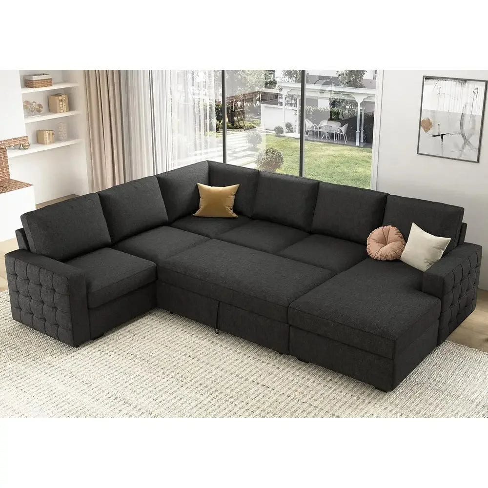 Gray Sectional Sofa with Hidden Bed and Storage