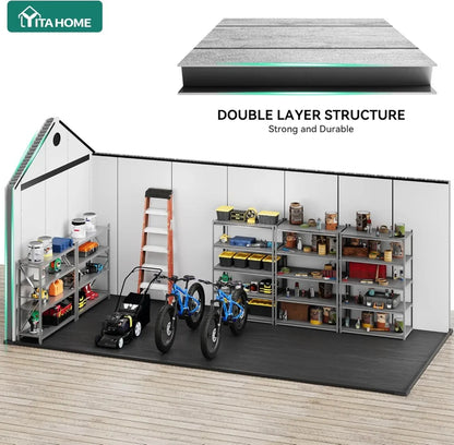 8x16 FT Waterproof Outdoor Storage Shed with Floor, Lockable Doors, for Tools & Bikes