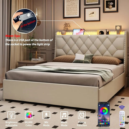 Upholstered Platform Bed with 4 Drawers & Storage Headboard