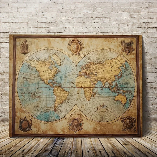 Wooden frame vintage world map canvas wall painting