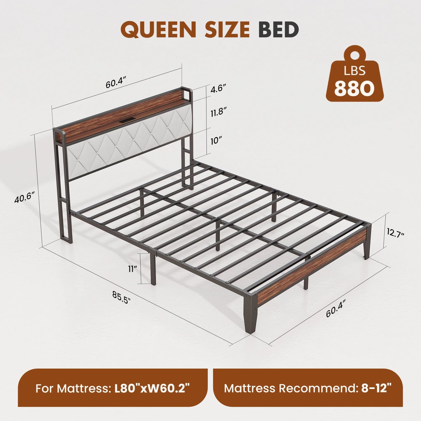Soft Pack, Heavy Duty Metal Bed Frame with Headboard Charging Station, 1100lbs Capacity, Easy Assembly For Bedroom