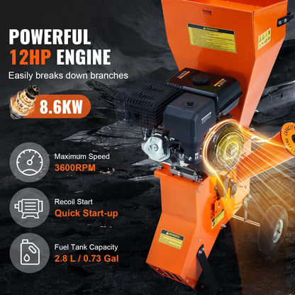 12HP Heavy Duty Gas Powered Wood Chipper, Shredder, Mulcher