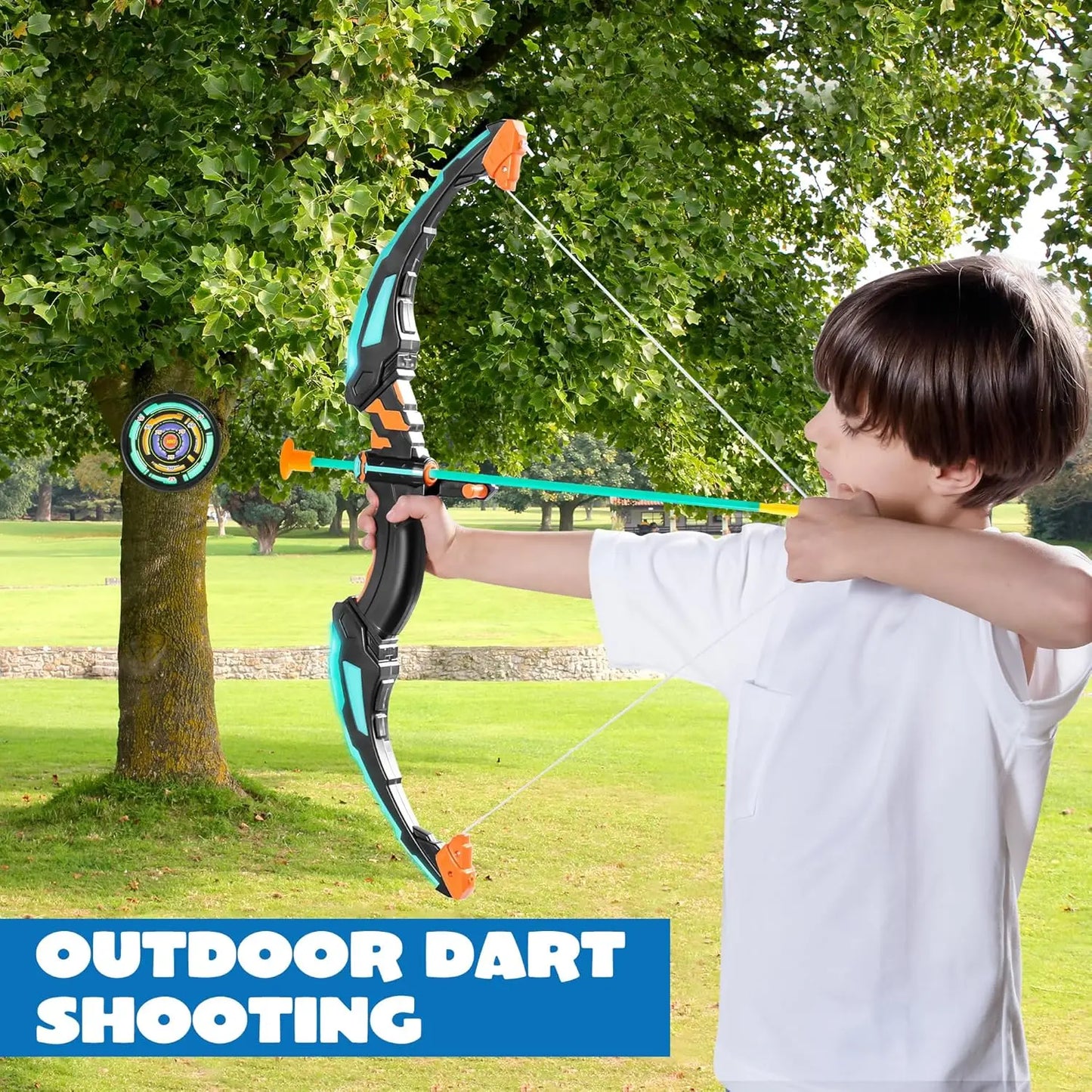 Kids Bow and Arrow Set LED Light Up Archery Toy With 9 Suction Cup Arrows Target for Kid Ages 6-12 Outdoor Play Gift