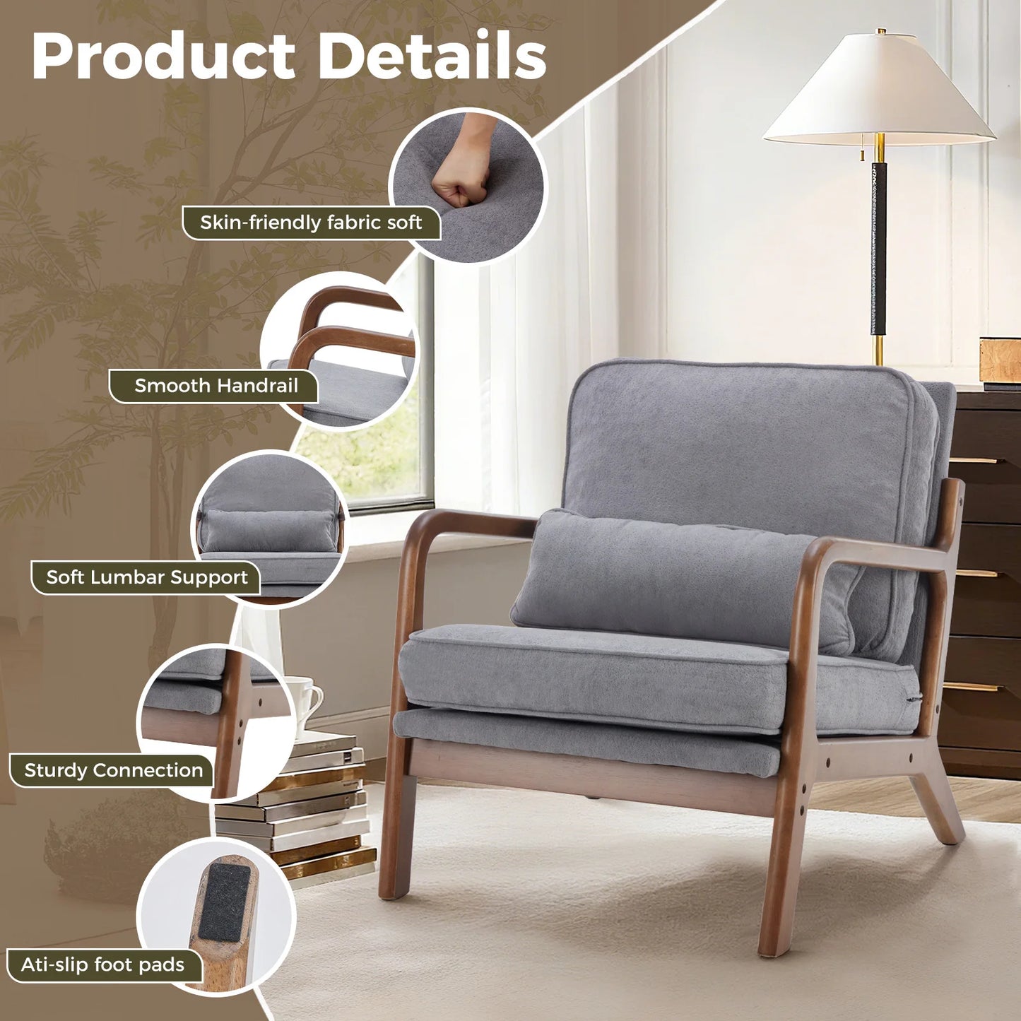 Mid Century Modern Accent Chair with Arms and Waist Cushion