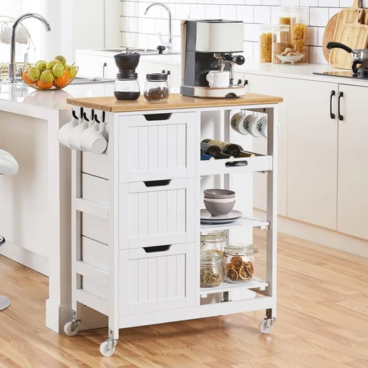 Kitchen Island Rolling Storage Cart with Bamboo Countertop, 3 Drawers, 3 Removable Shelves & Lockable Casters