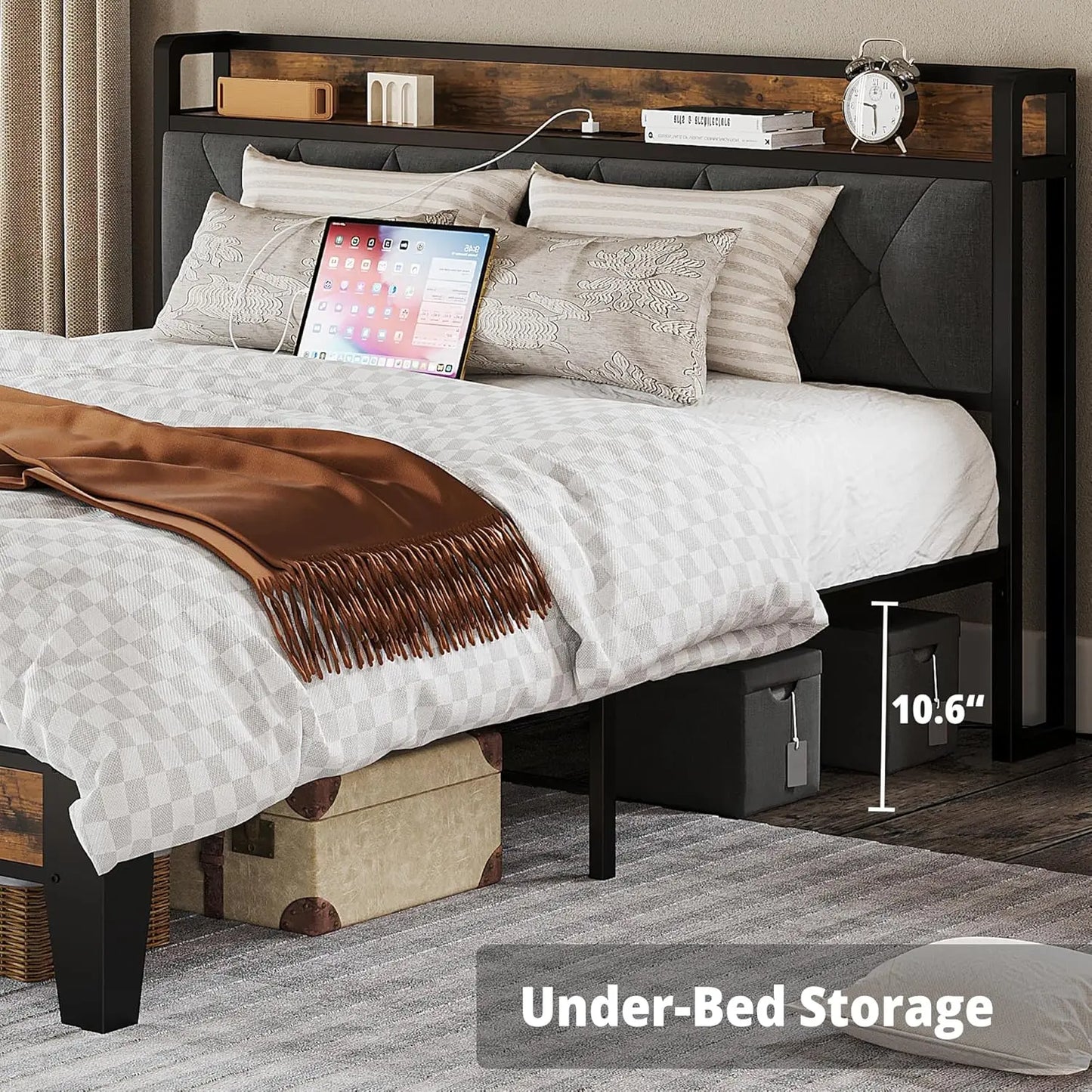 Bed Frames, Storage Headboard with Outlets, No Noise