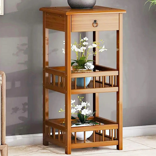 Bamboo 2-Tier Retro End Table with Drawer and Storage Shelf