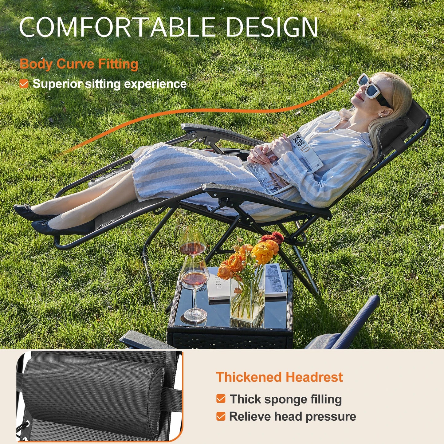 Zero Gravity Set of 2 Portable Recliner Lounge Chairs with Cup Holder Trays and Adjustable Pillow