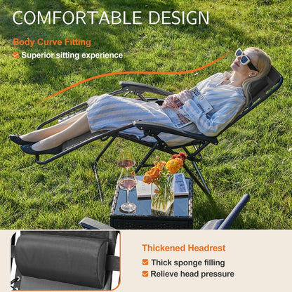 Zero Gravity Set of 2 Portable Recliner Lounge Chairs with Cup Holder Trays and Adjustable Pillow