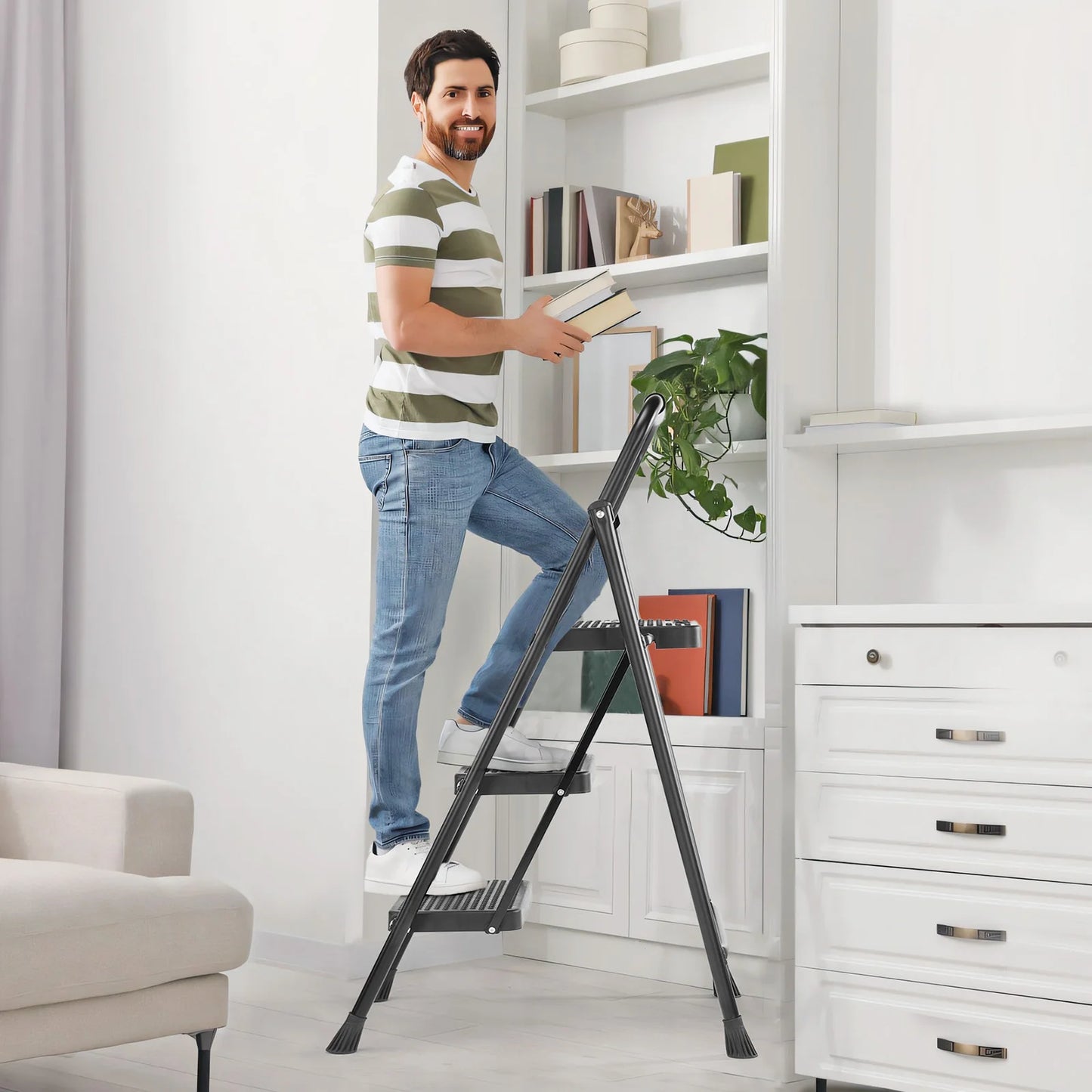 Folding 2 Step Ladder Stool with Anti-Slip Pedal 800lbs Capacity