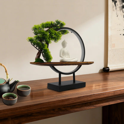 Desktop Ornament with Green Artificial Tree & LED Circle Lamp