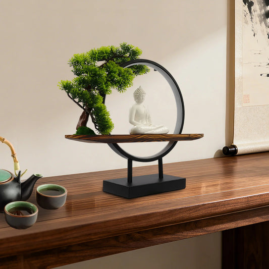 Desktop Ornament with Green Artificial Tree & LED Circle Lamp