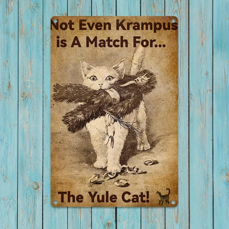 Vintage Art Deco Christmas Cat with Krampus Metal Sign (12x8 inches)
