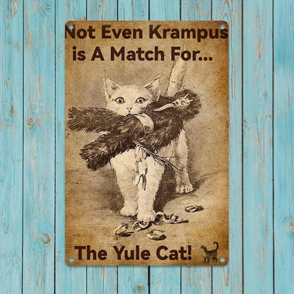 Vintage Art Deco Christmas Cat with Krampus Metal Sign (12x8 inches)