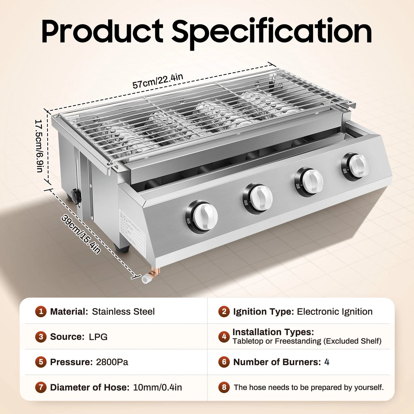 Portable Propane Gas Grill. 4 Burner, Stainless Steel Smokeless, for Outdoor Patio parties