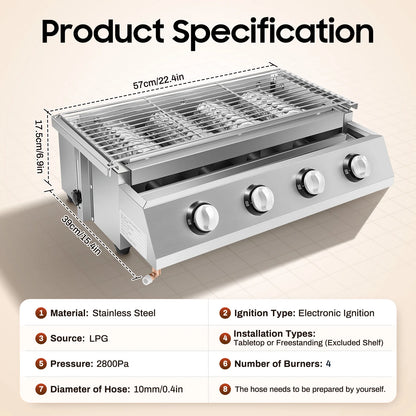 Portable Propane Gas Grill. 4 Burner, Stainless Steel Smokeless, for Outdoor Patio parties