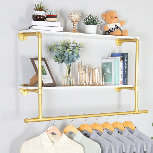 Industrial Pipe Clothing Rack Wall Mounted Wood Shelf
