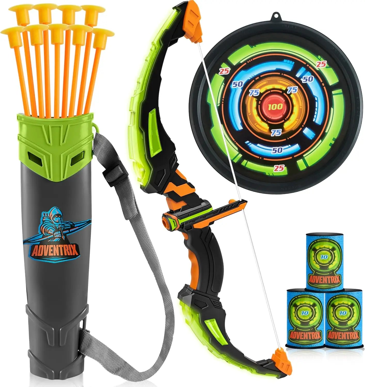Kids Bow and Arrow Set LED Light Up Archery Toy With 9 Suction Cup Arrows Target for Kid Ages 6-12 Outdoor Play Gift
