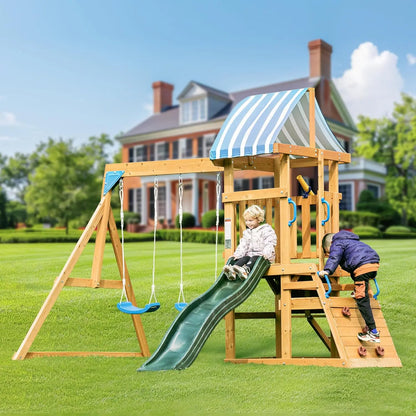 Wooden Swing Set with Dual Swings, Slide, Rock Climbing Wall, Chalkboard and Telescope Fort for Backyard Fun for Kids