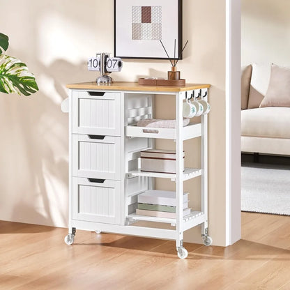 Kitchen Island Rolling Storage Cart with Bamboo Countertop, 3 Drawers, 3 Removable Shelves & Lockable Casters