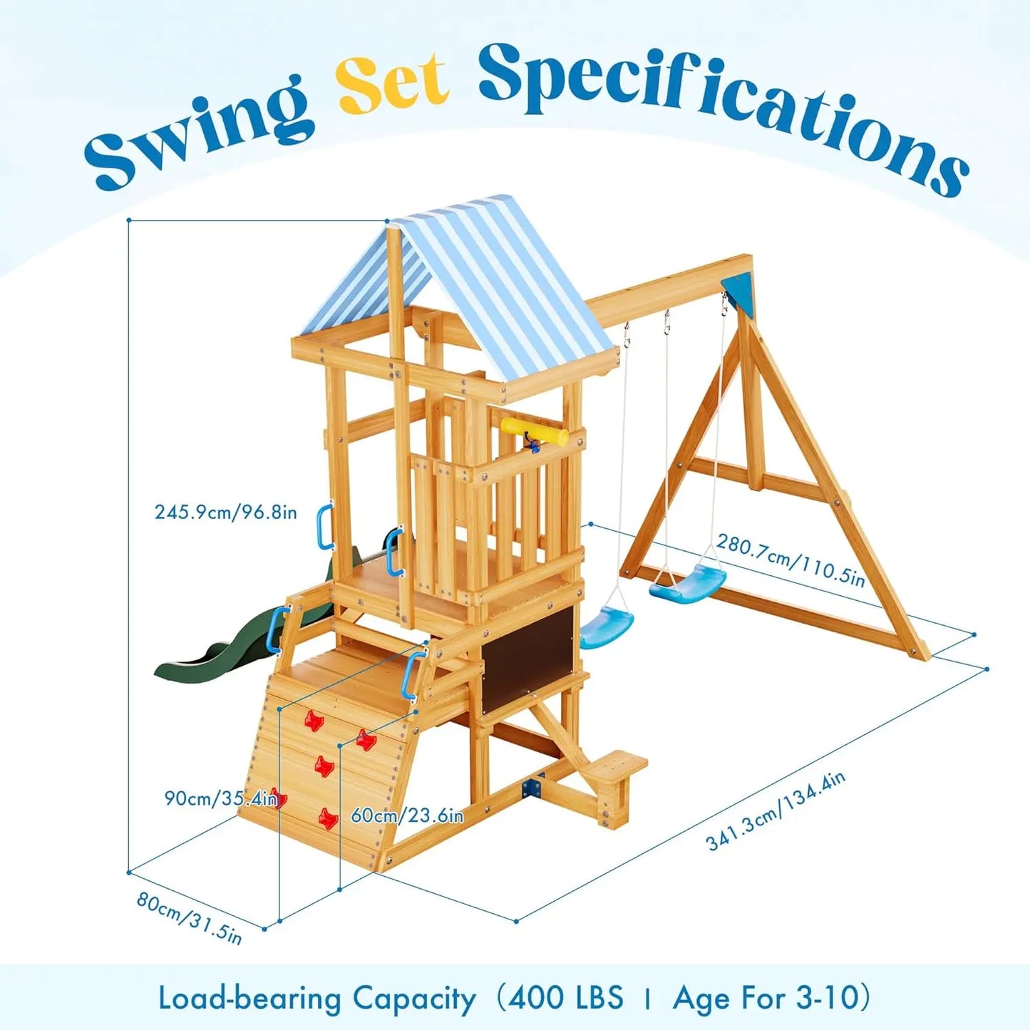 Wooden Swing Set with Dual Swings, Slide, Rock Climbing Wall, Chalkboard and Telescope Fort for Backyard Fun for Kids