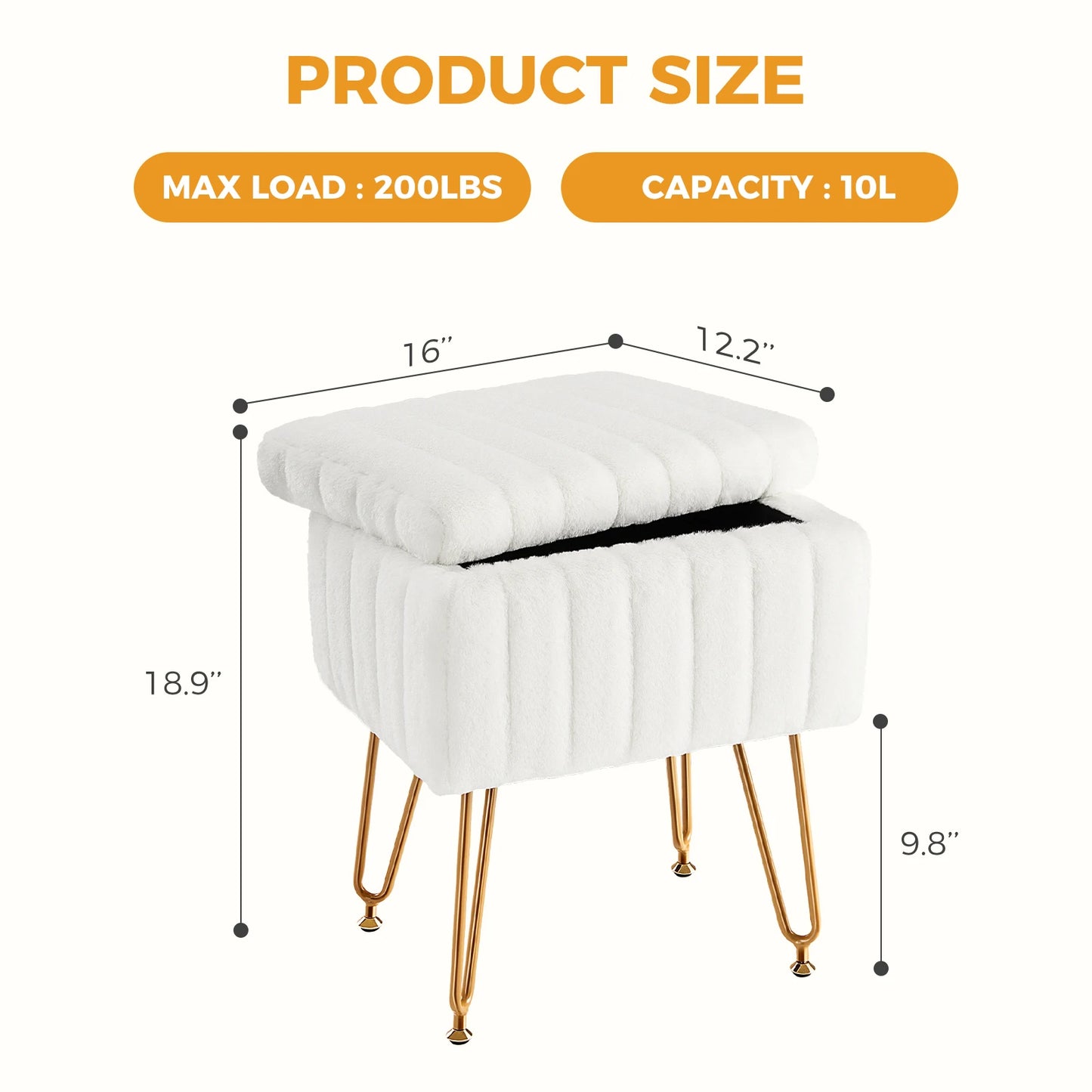 Faux Fur Padded Hidden Storage Stools & Ottomans with 4 Metal Legs Anti-Slip Adjustable Feet for Home