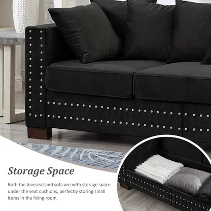 2-Piece Modern Velvet Upholstered Loveseat and Sofa Couch with Silver Nail Trim