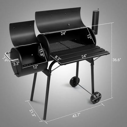 Large BBQ Smoker Grill with Offset Smoker on Wheels for Backyard and Patio Parties