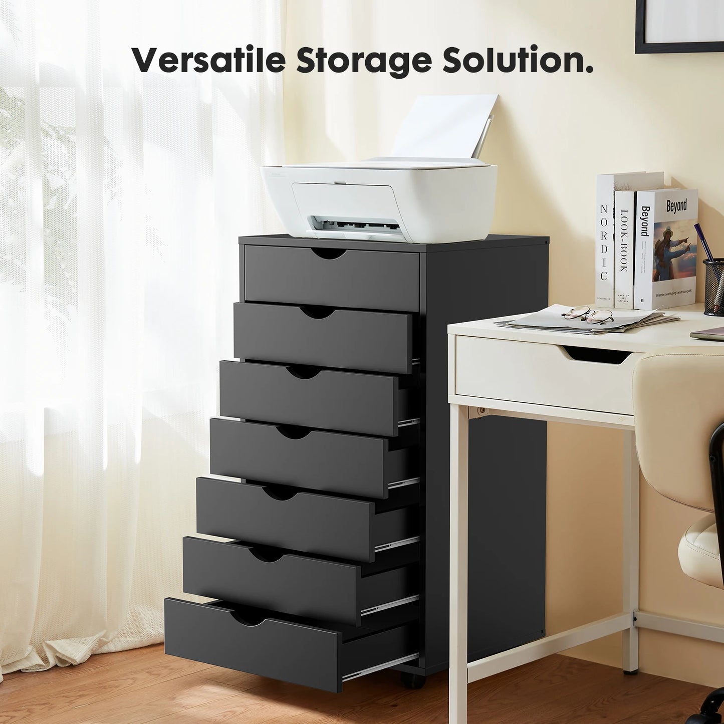 7 Drawer, Wooden Organizer Chest, Storage Mobile Cabinet on Wheels