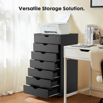 7 Drawer, Wooden Organizer Chest, Storage Mobile Cabinet on Wheels