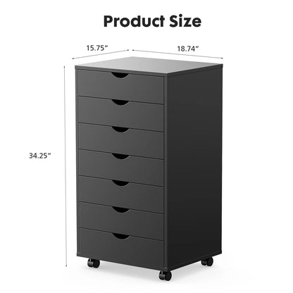 7 Drawer, Wooden Organizer Chest, Storage Mobile Cabinet on Wheels