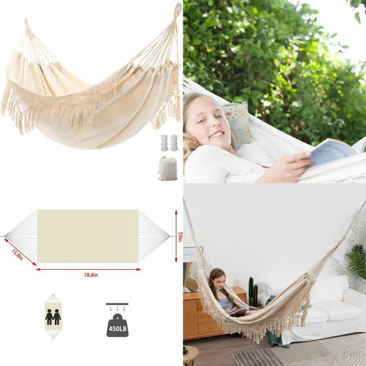 Double Boho Macrame Hammock with Elegant Tassels for Patio