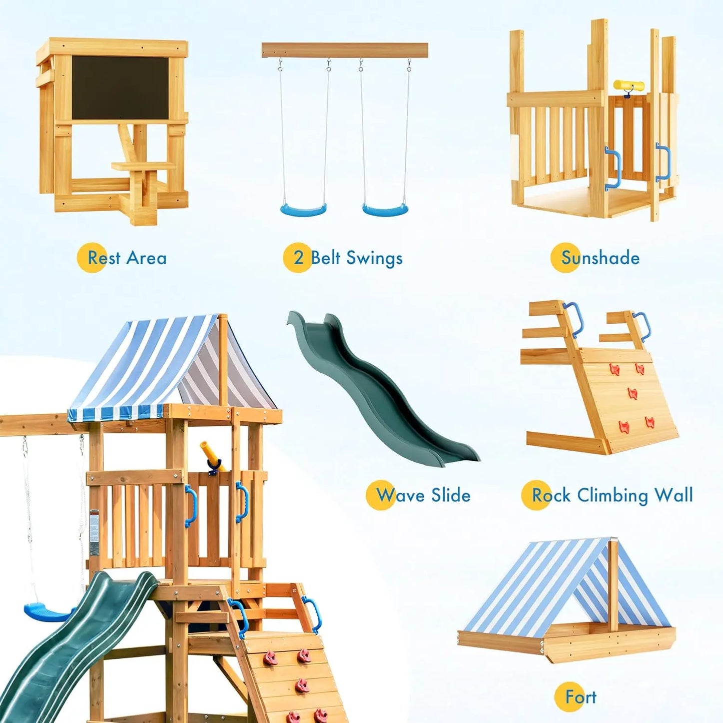 Wooden Swing Set with Dual Swings, Slide, Rock Climbing Wall, Chalkboard and Telescope Fort for Backyard Fun for Kids