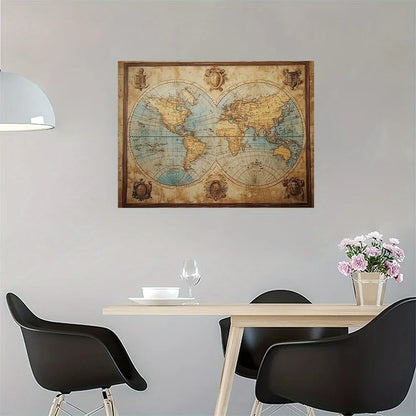 Wooden frame vintage world map canvas wall painting