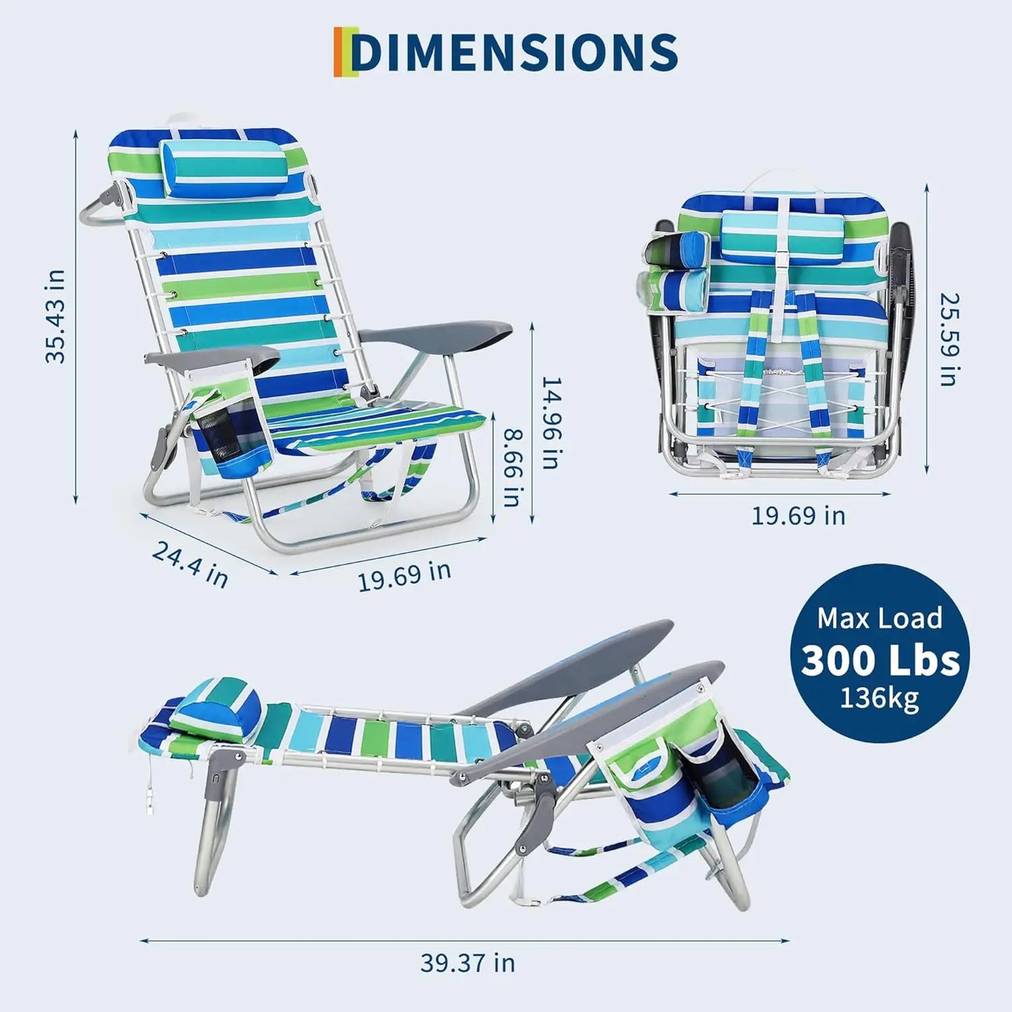 Portable Backpack Folding Chair w/5 Reclining Positions for Adults