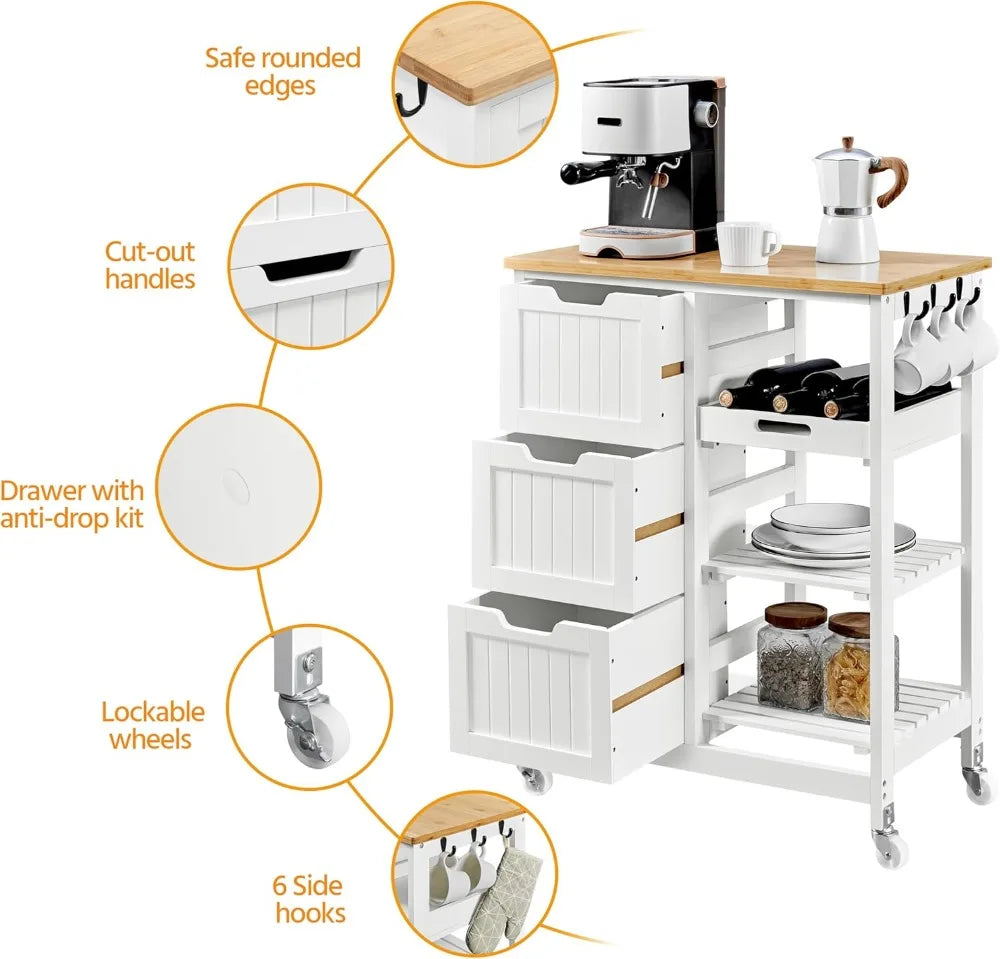 Kitchen Island Rolling Storage Cart with Bamboo Countertop, 3 Drawers, 3 Removable Shelves & Lockable Casters