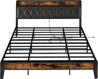 Bed Frames, Storage Headboard with Outlets, No Noise