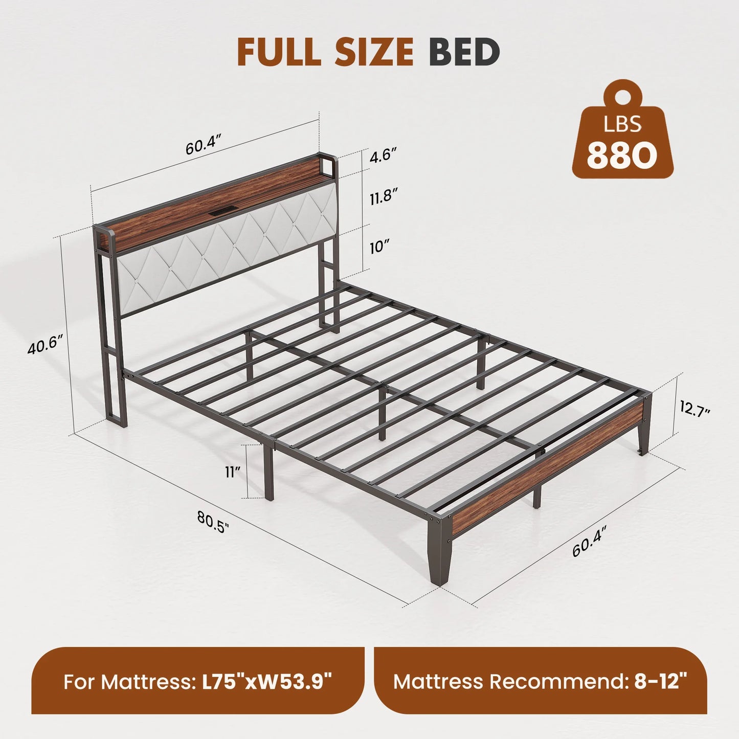 Soft Pack, Heavy Duty Metal Bed Frame with Headboard Charging Station, 1100lbs Capacity, Easy Assembly For Bedroom