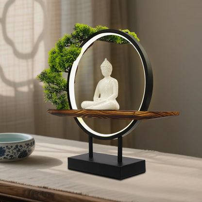 Desktop Ornament with Green Artificial Tree & LED Circle Lamp