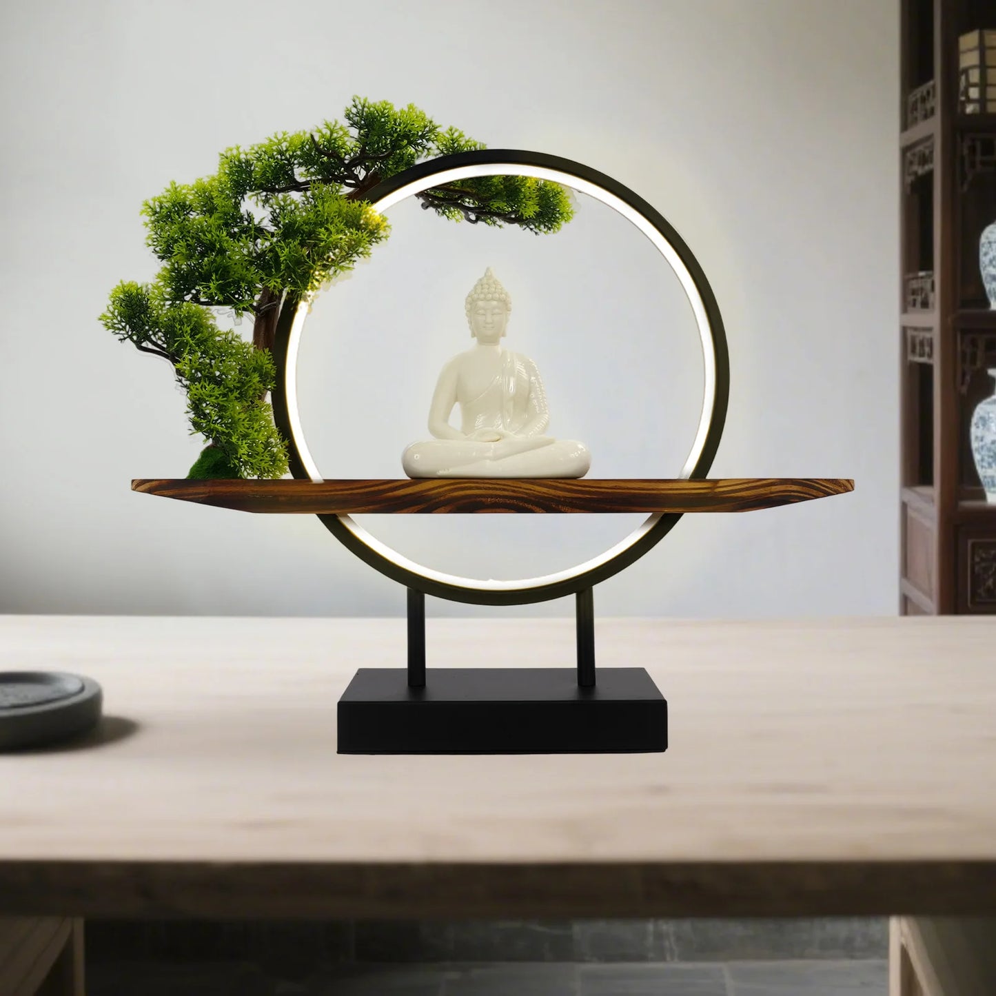 Desktop Ornament with Green Artificial Tree & LED Circle Lamp