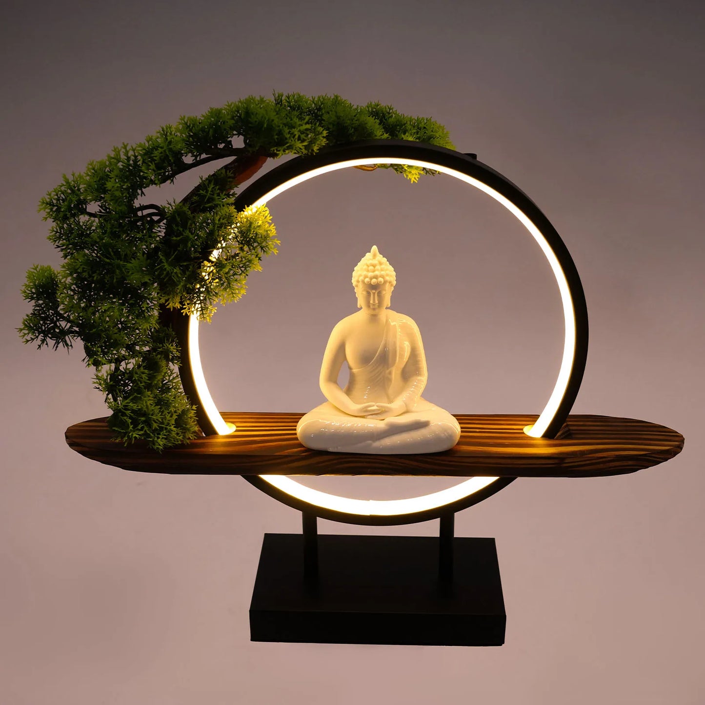 Desktop Ornament with Green Artificial Tree & LED Circle Lamp