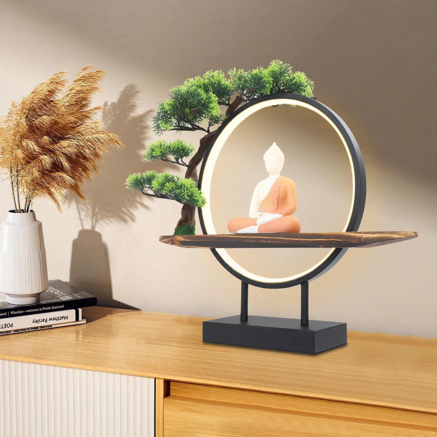 Desktop Ornament with Green Artificial Tree & LED Circle Lamp