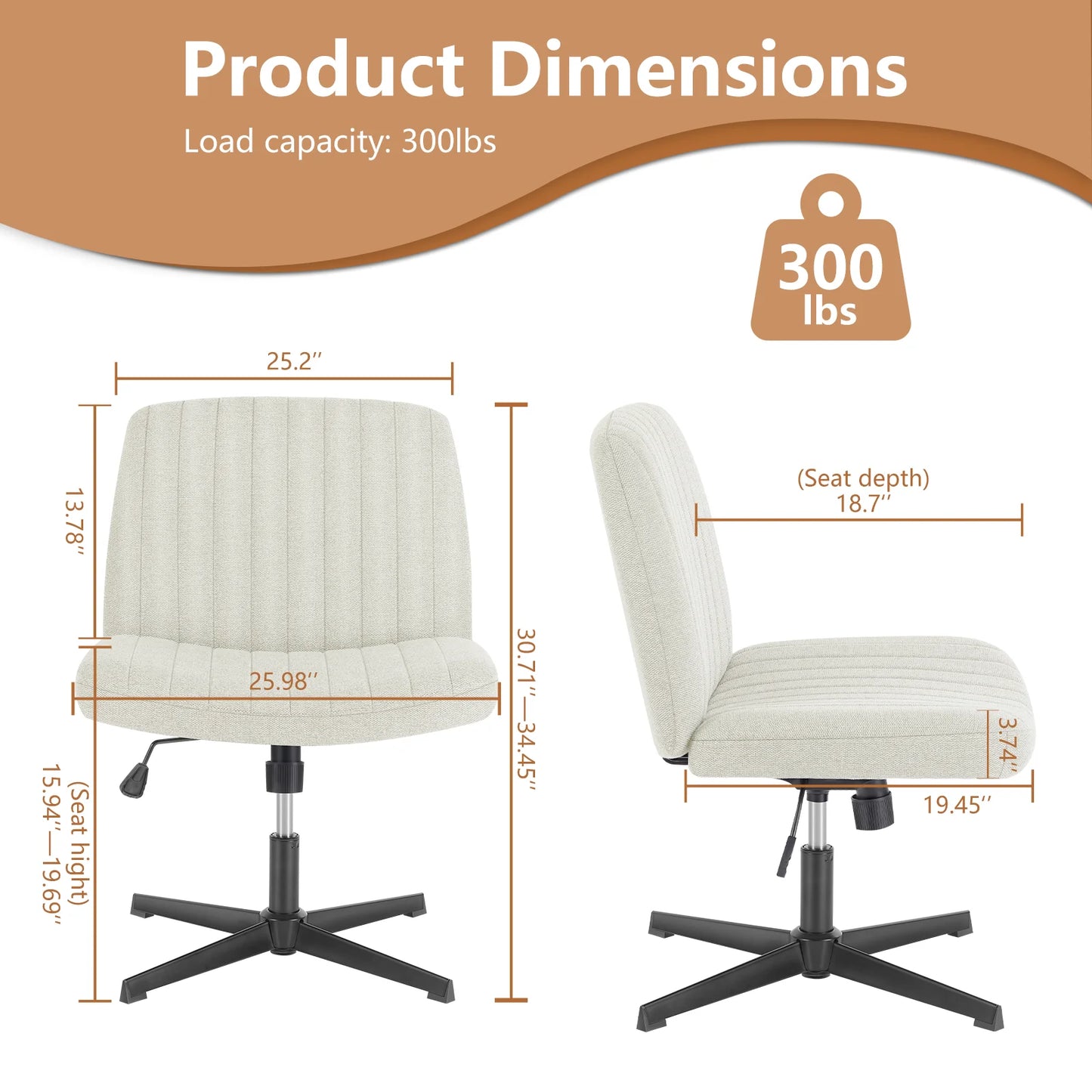 Adjustable Swivel Cross Legged Office, Living Room, Armless Gaming Chair, Vanity, Home Office